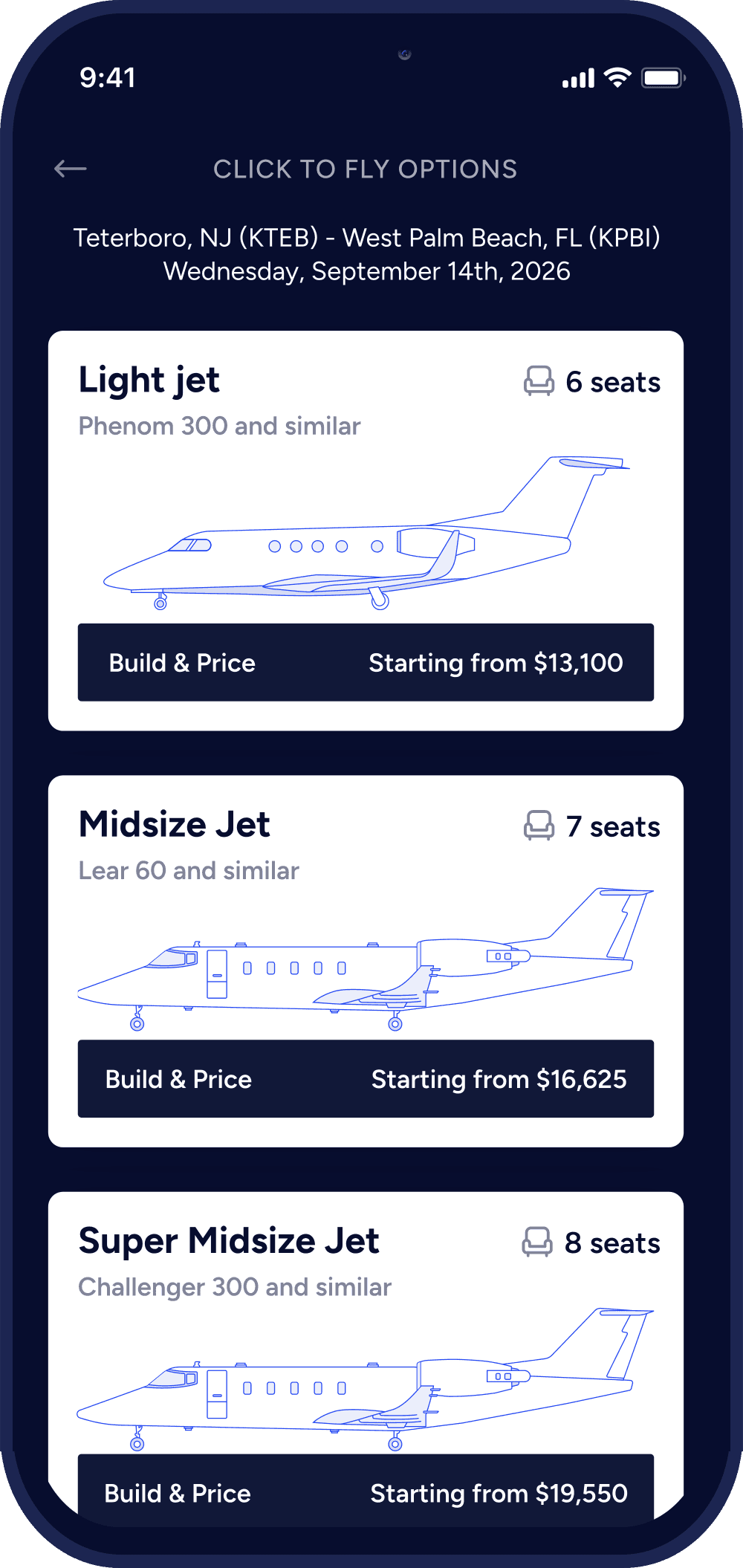 evoJets Click to Fly app screen