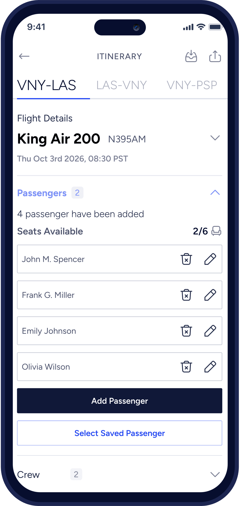evoJets app trip management and itinerary screen