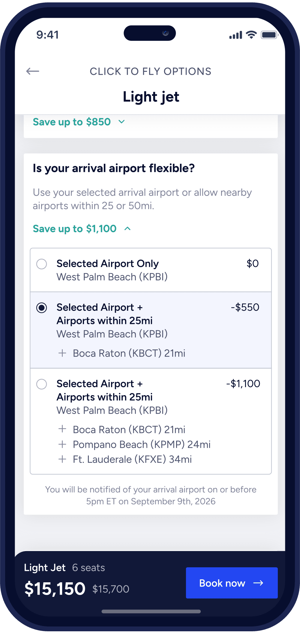 evoJets app dynamic savings screen