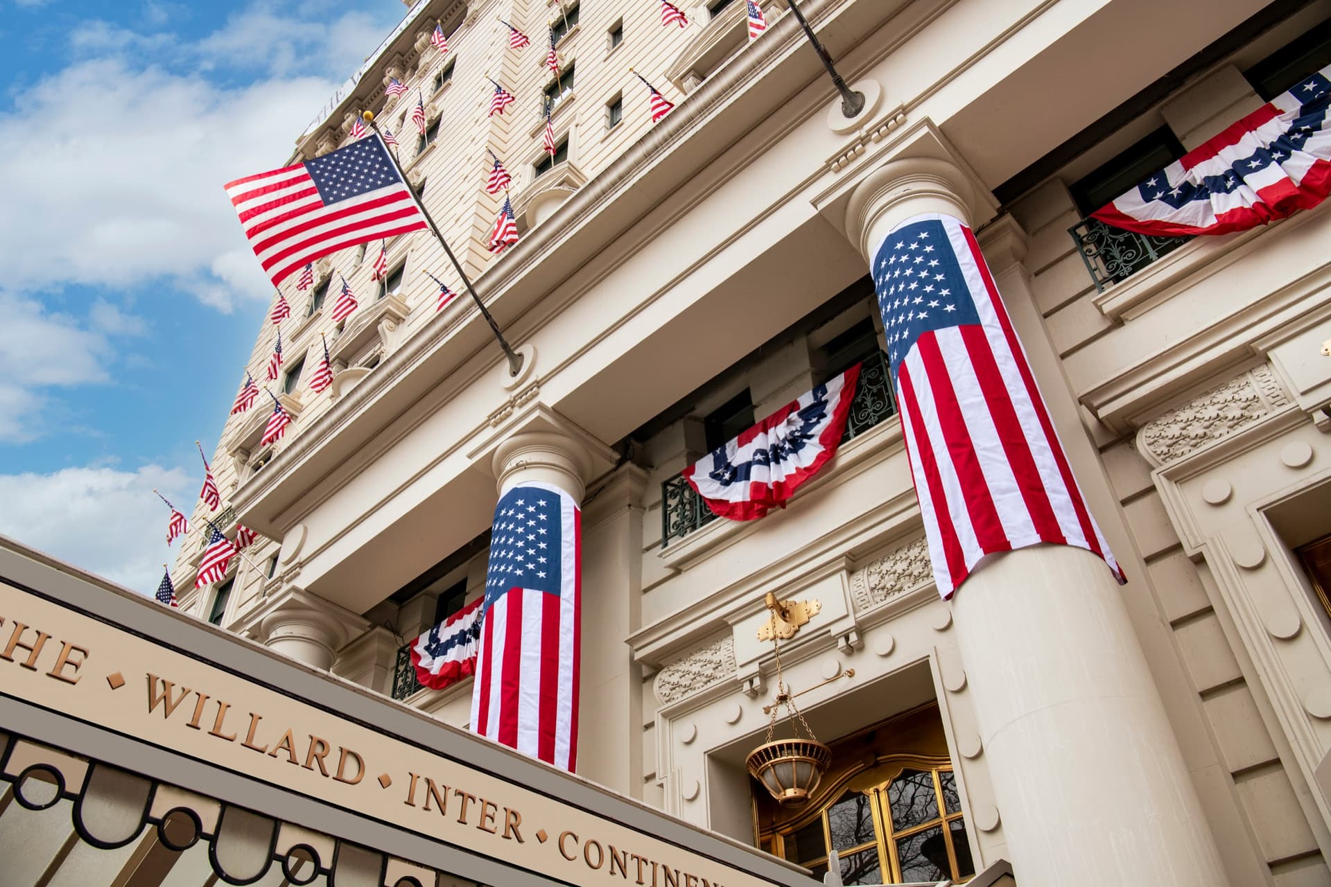 The Willard InterContinental Washington, D.C. adorned with American flags